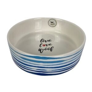 Park Life Designs‎ "Live Love Woof" 6.5" Pet Bowl Blue Stripes NEW with Chip